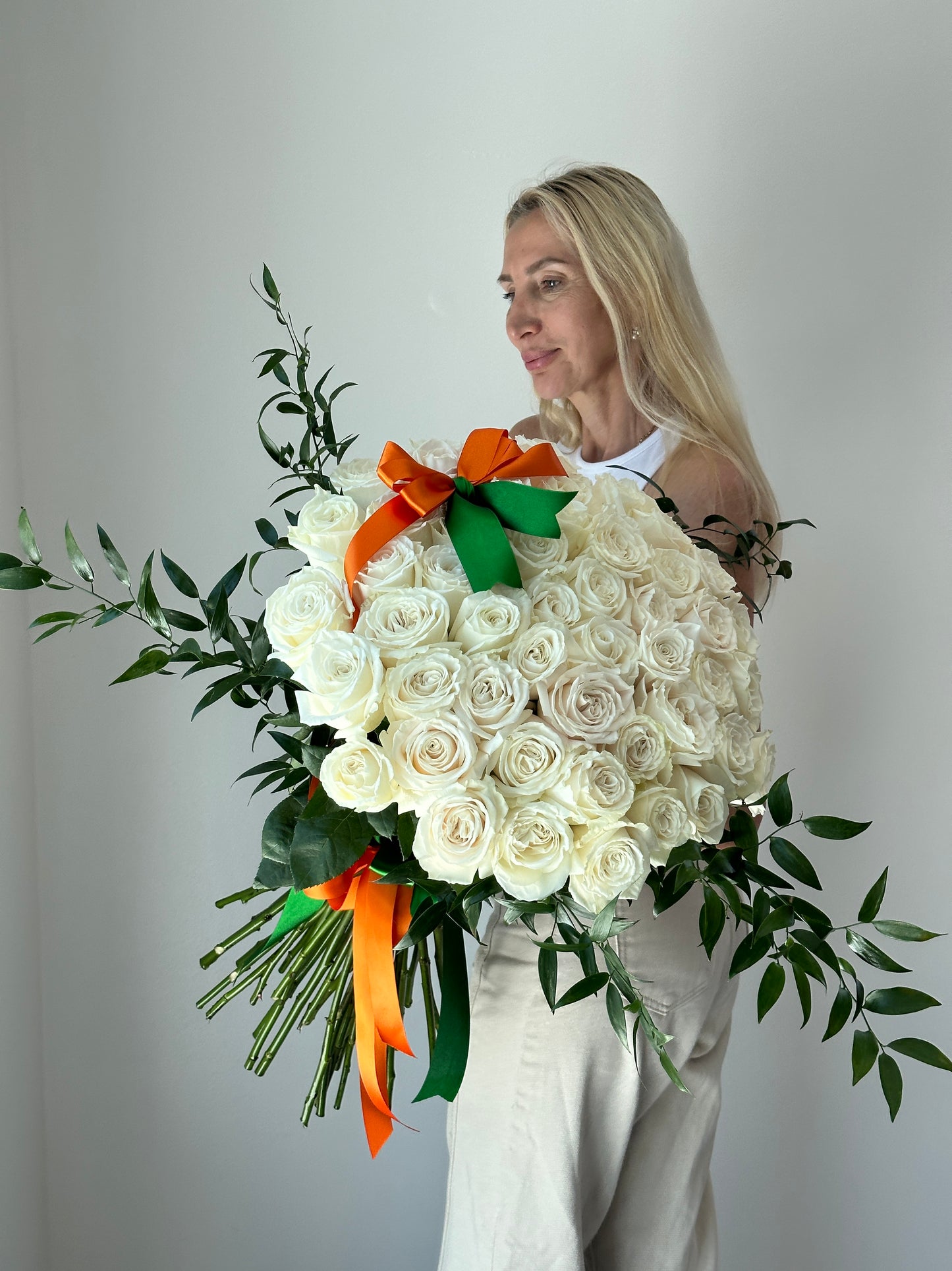 50 Classic White Rose Flower Bouquet With Greens - Miami Flower Store Delivery Fort Lauderdale