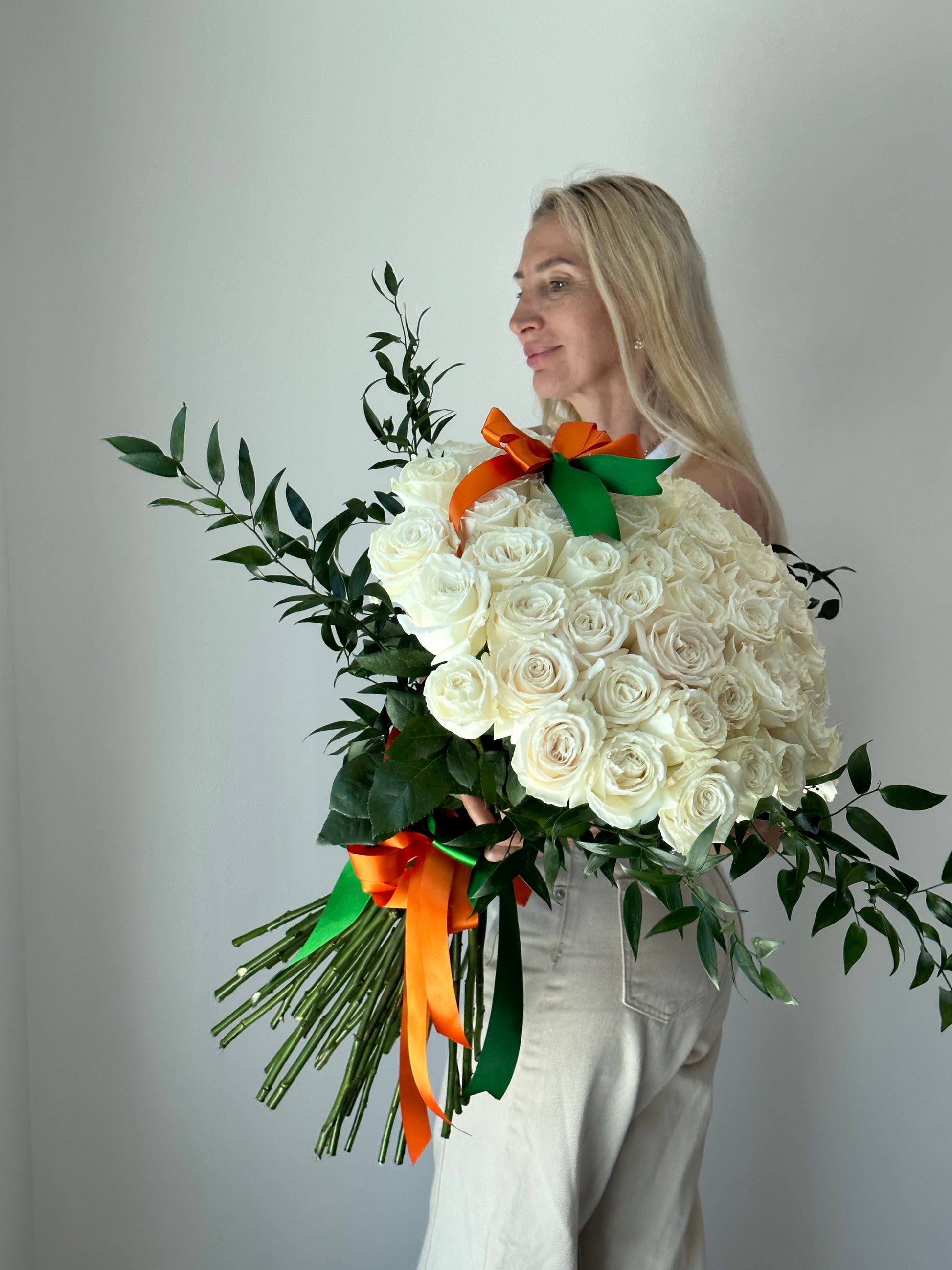 50 Classic White Rose Flower Bouquet With Greens - Miami Flower Store Delivery Fort Lauderdale