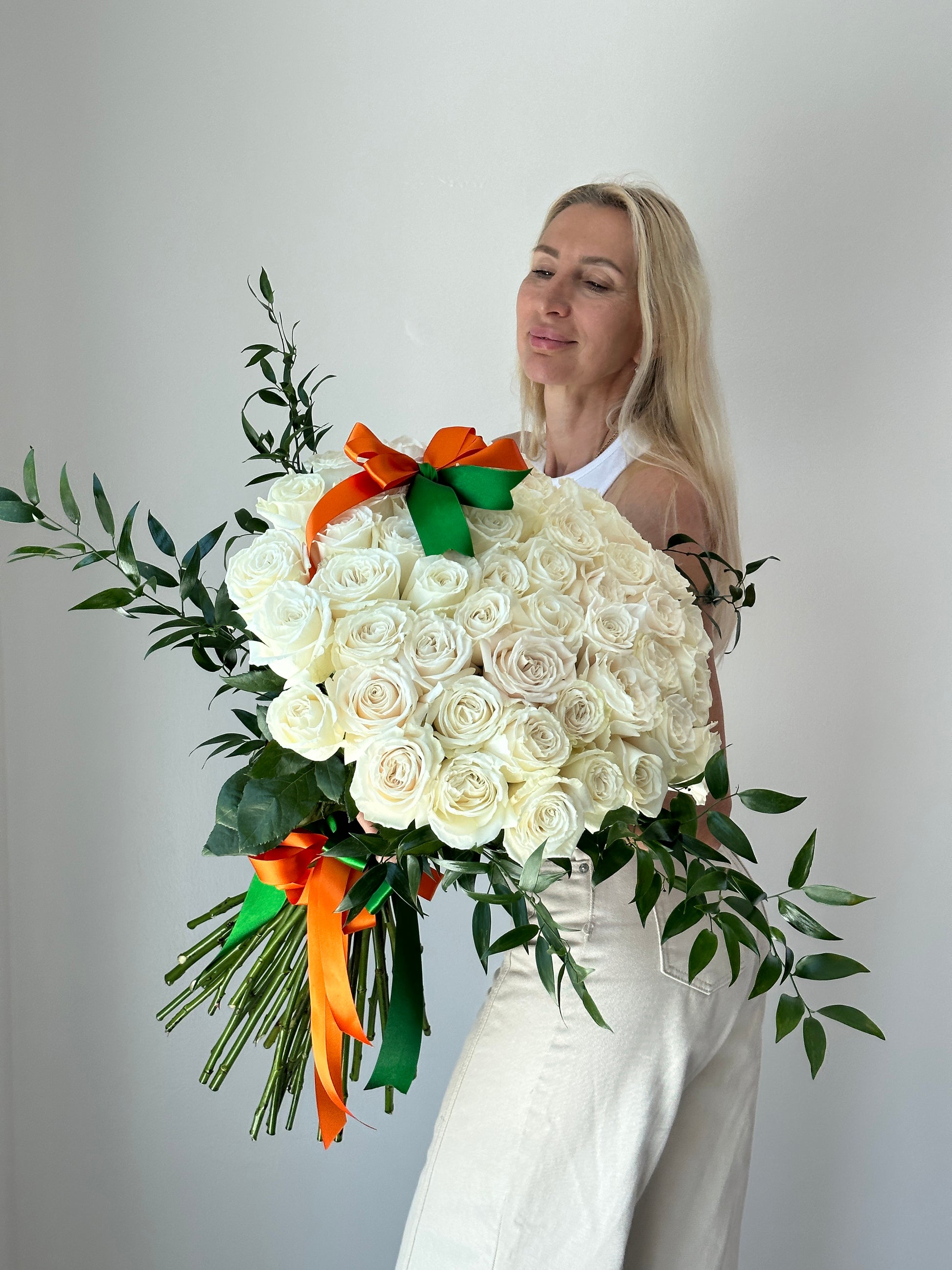 50 Classic White Rose Flower Bouquet With Greens - Miami Flower Store Delivery Fort Lauderdale