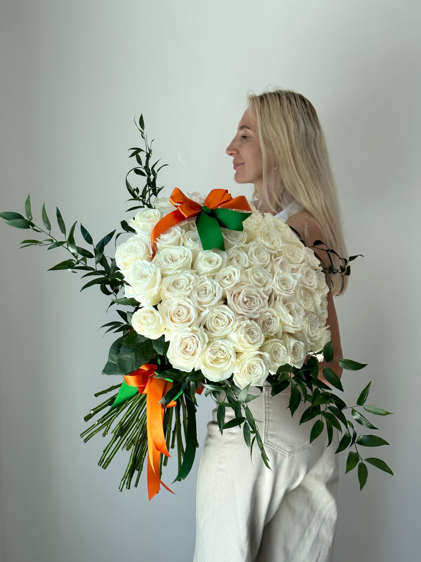 50 Classic White Rose Flower Bouquet With Greens - Miami Flower Store Delivery Fort Lauderdale