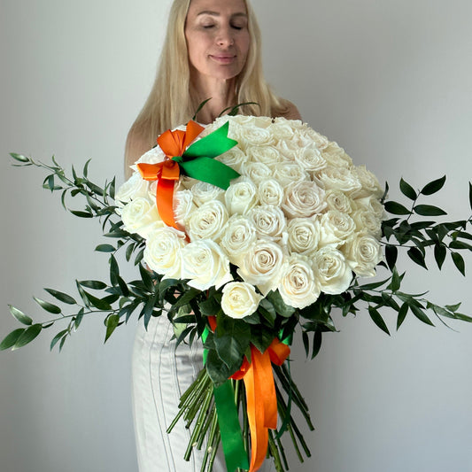 50 Classic White Rose Flower Bouquet With Greens - Miami Flower Store Delivery Fort Lauderdale