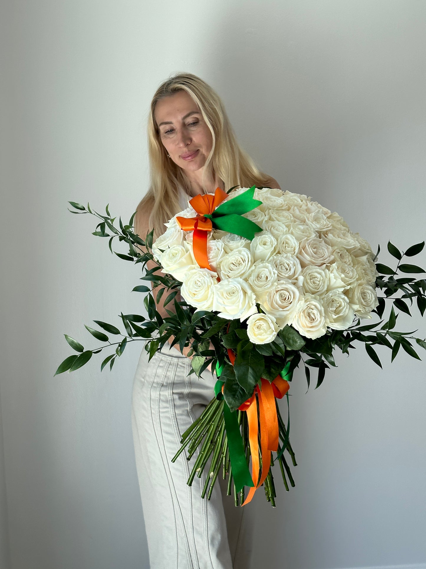 50 Classic White Rose Flower Bouquet With Greens - Miami Flower Store Delivery Fort Lauderdale