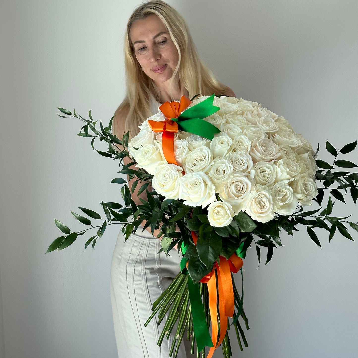 50 Classic White Rose Flower Bouquet With Greens - Miami Flower Store Delivery Fort Lauderdale