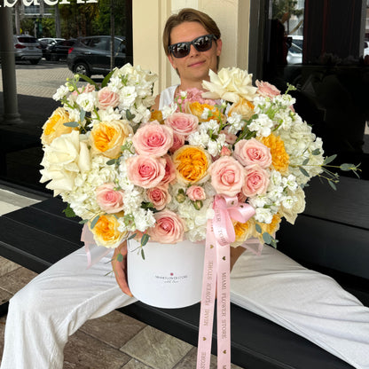 White, Pink & Yellow Roses in A Flower Box - Miami Flower Store Same-Day Delivery Fort Lauderdale Brickell Aventura Las Olas Hallendale Beach Hollywood Sunny Isles