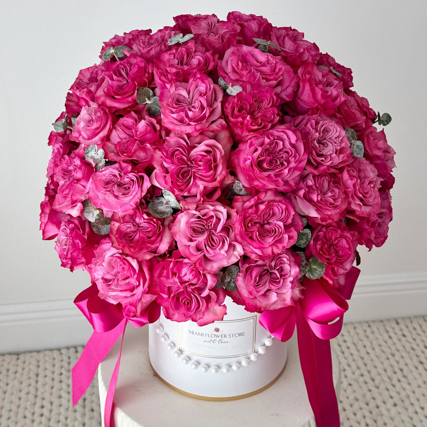 Hot Pink Rose Flower Bouquet In A Box - Miami Flower Store Same-Day Delivery Fort Lauderdale Brickell Aventura Las Olas Hallendale Beach Hollywood Sunny Isles