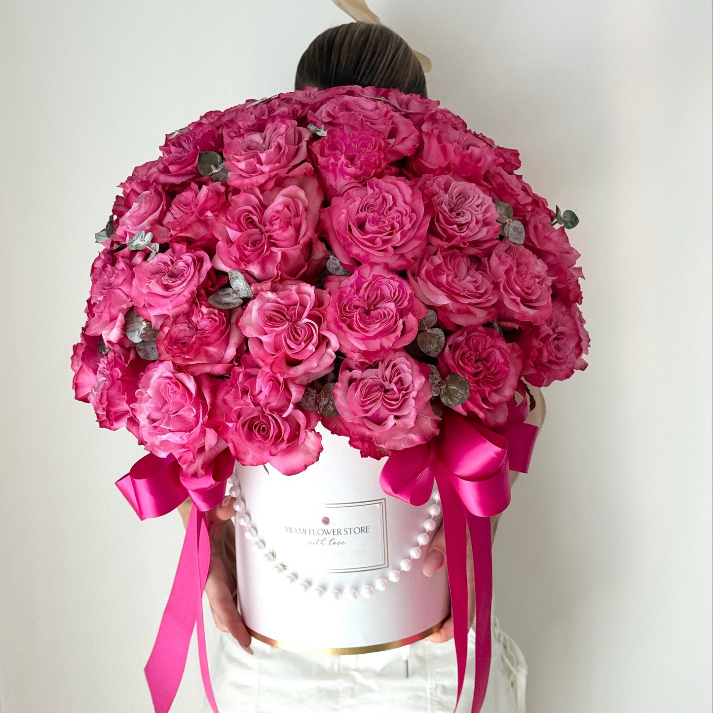 Hot Pink Rose Flower Bouquet In A Box - Miami Flower Store Same-Day Delivery Fort Lauderdale Brickell Aventura Las Olas Hallendale Beach Hollywood Sunny Isles