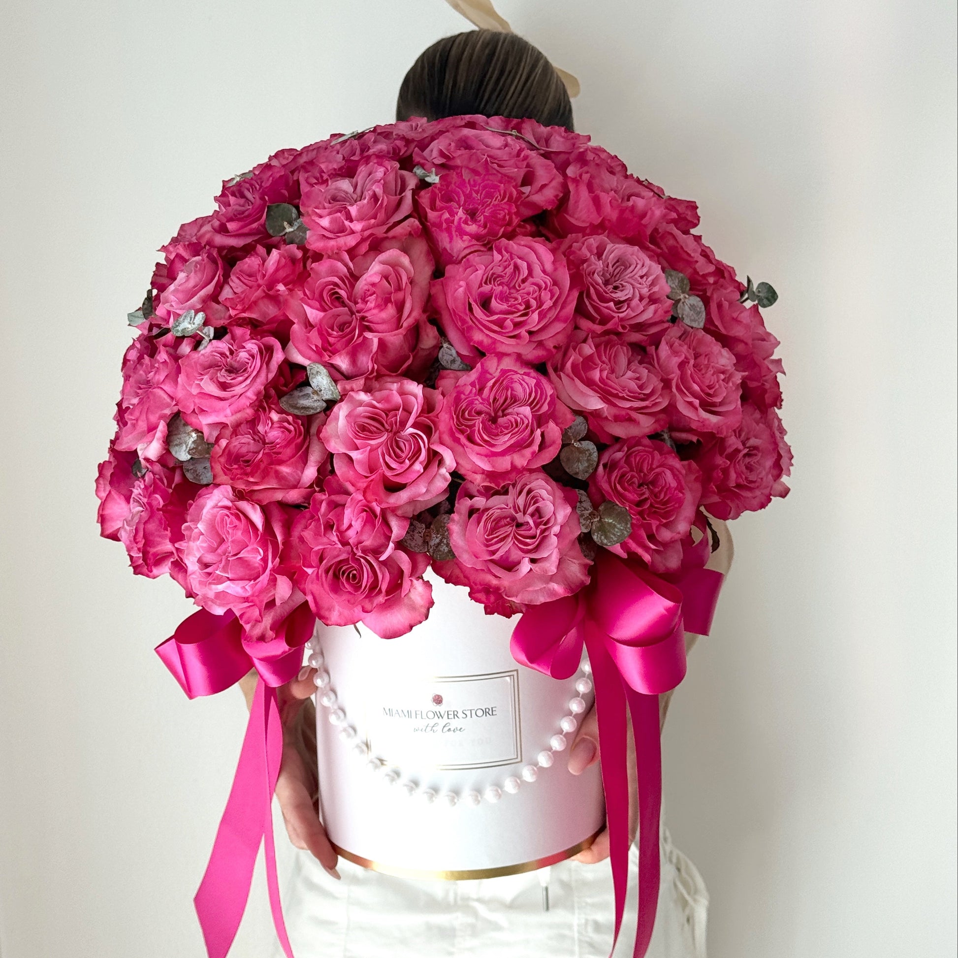 Hot Pink Rose Flower Bouquet In A Box - Miami Flower Store Same-Day Delivery Fort Lauderdale Brickell Aventura Las Olas Hallendale Beach Hollywood Sunny Isles