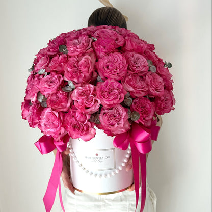 Hot Pink Rose Flower Bouquet In A Box - Miami Flower Store Same-Day Delivery Fort Lauderdale Brickell Aventura Las Olas Hallendale Beach Hollywood Sunny Isles