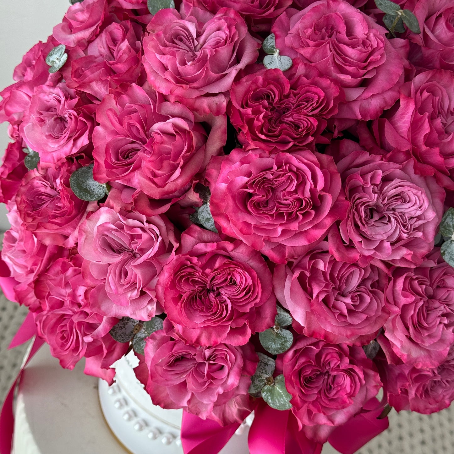 Hot Pink Rose Flower Bouquet In A Box - Miami Flower Store Same-Day Delivery Fort Lauderdale Brickell Aventura Las Olas Hallendale Beach Hollywood Sunny Isles