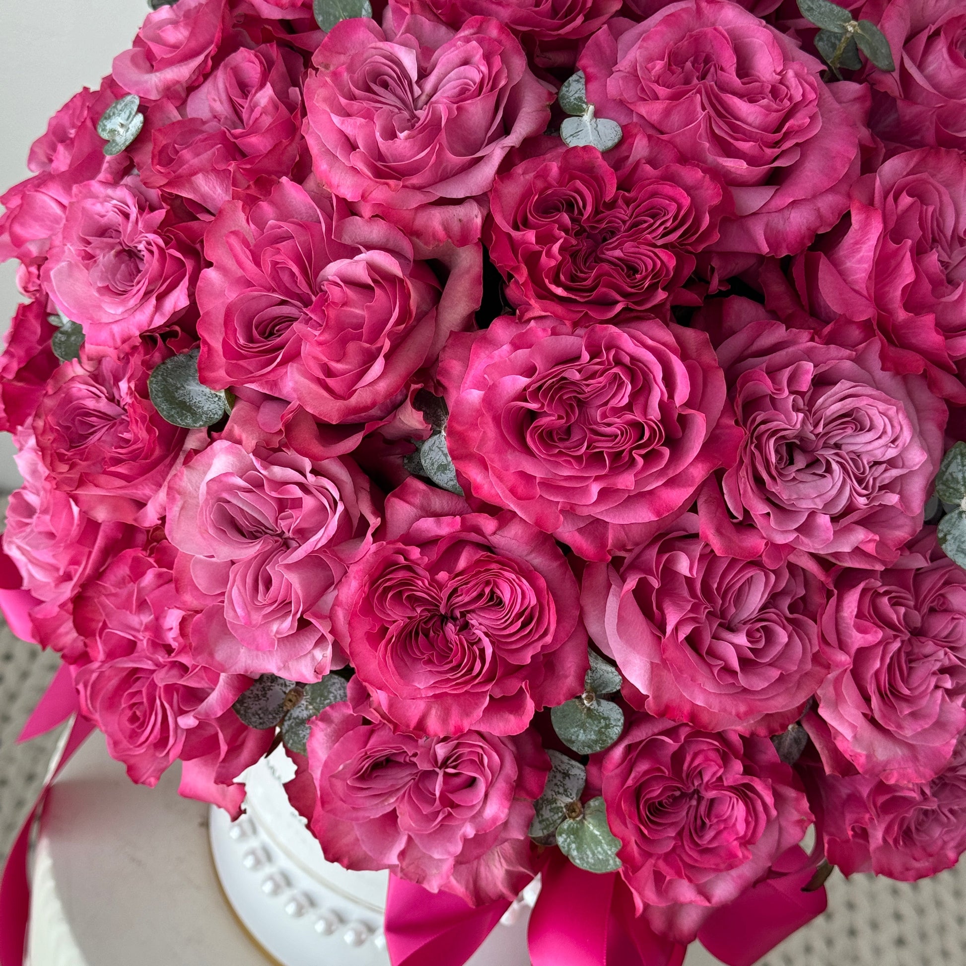 Hot Pink Rose Flower Bouquet In A Box - Miami Flower Store Same-Day Delivery Fort Lauderdale Brickell Aventura Las Olas Hallendale Beach Hollywood Sunny Isles