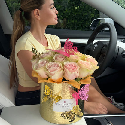 Peach Roses With Golden Butterflies Flower Bouquet In A Box - Miami Flower Store Same-Day Delivery Fort Lauderdale Brickell Aventura Las Olas Hallendale Beach Hollywood Sunny Isles