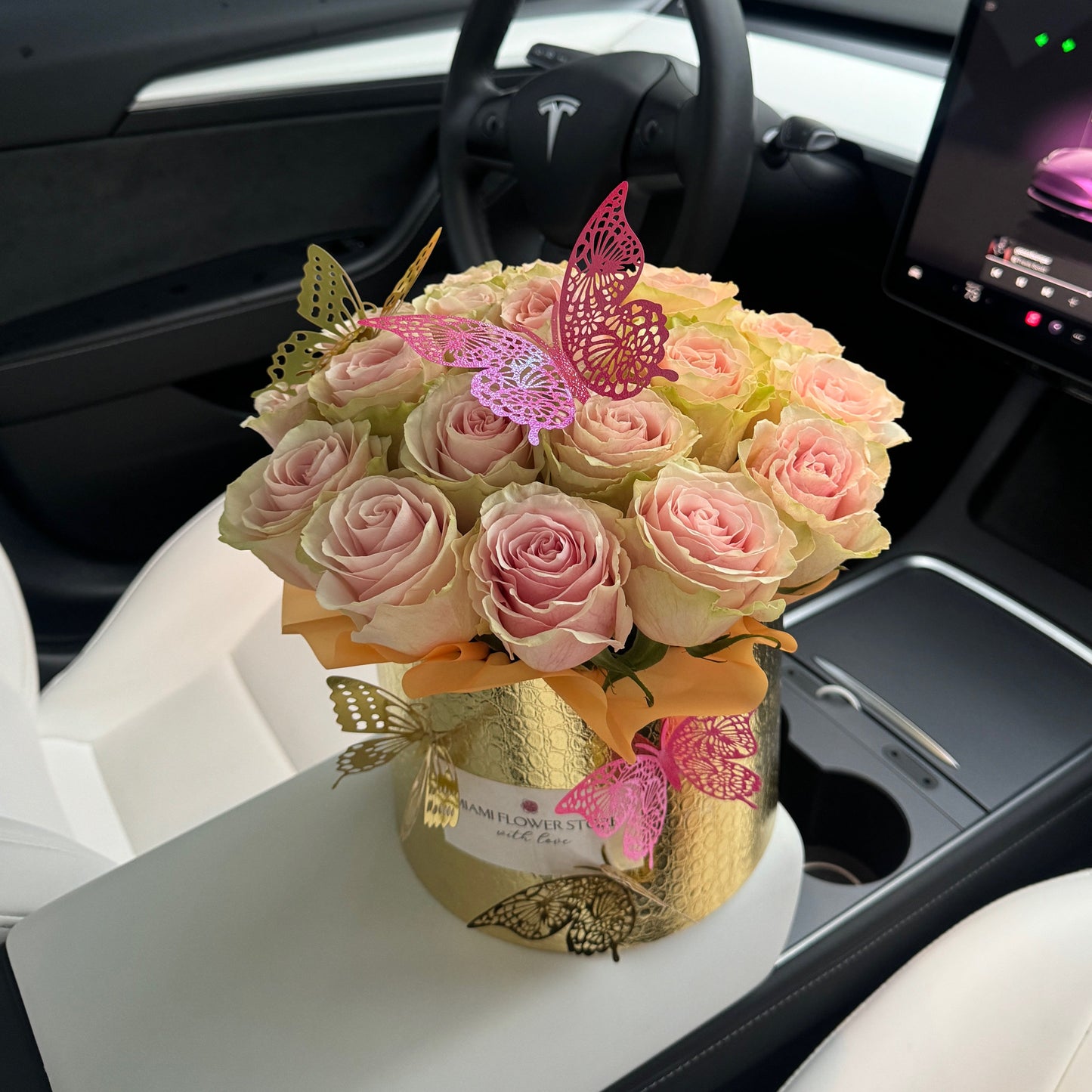 Peach Roses With Golden Butterflies Flower Bouquet In A Box - Miami Flower Store Same-Day Delivery Fort Lauderdale Brickell Aventura Las Olas Hallendale Beach Hollywood Sunny Isles