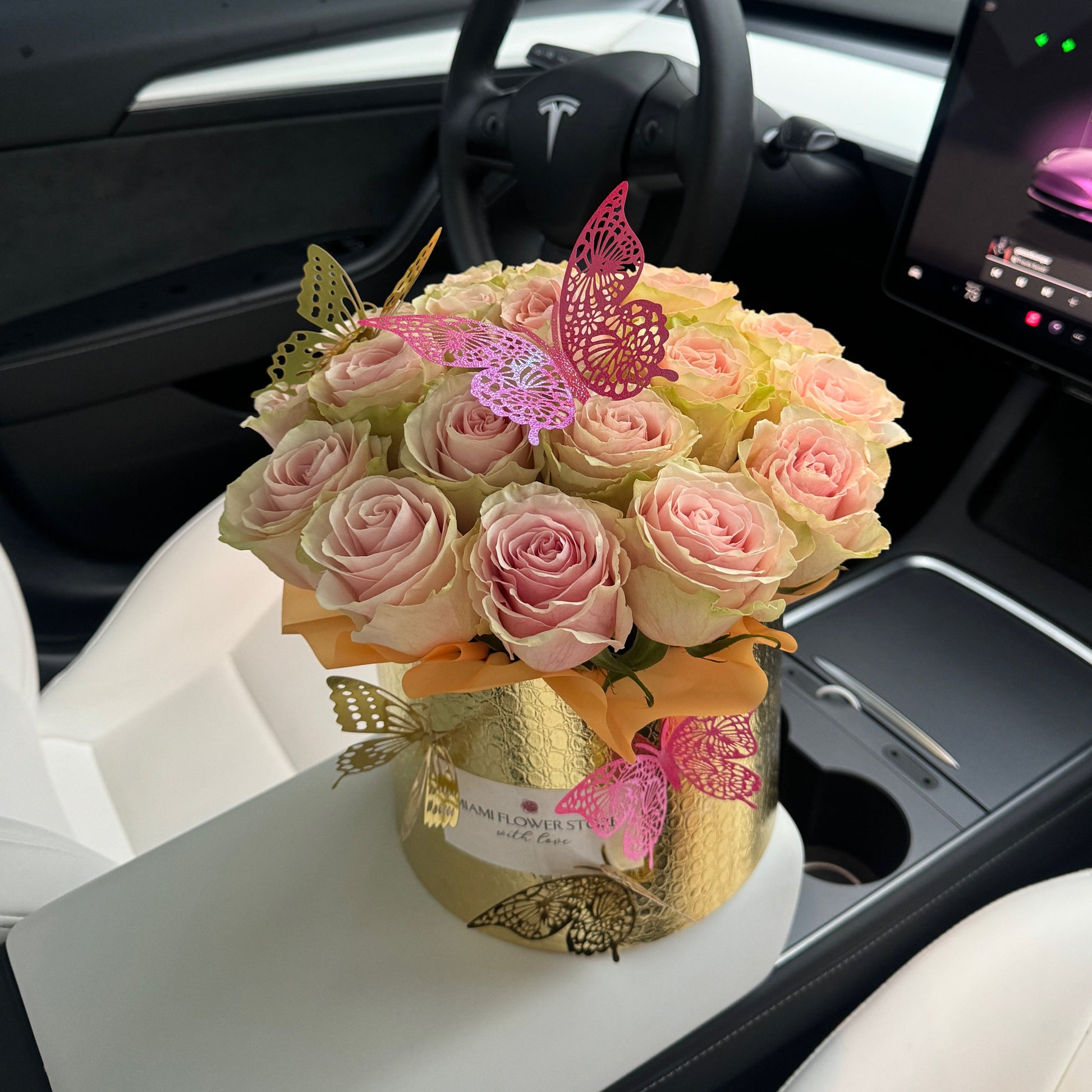 Peach Roses With Golden Butterflies Flower Bouquet In A Box - Miami Flower Store Same-Day Delivery Fort Lauderdale Brickell Aventura Las Olas Hallendale Beach Hollywood Sunny Isles
