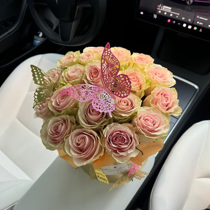 Peach Roses With Golden Butterflies Flower Bouquet In A Box - Miami Flower Store Same-Day Delivery Fort Lauderdale Brickell Aventura Las Olas Hallendale Beach Hollywood Sunny Isles