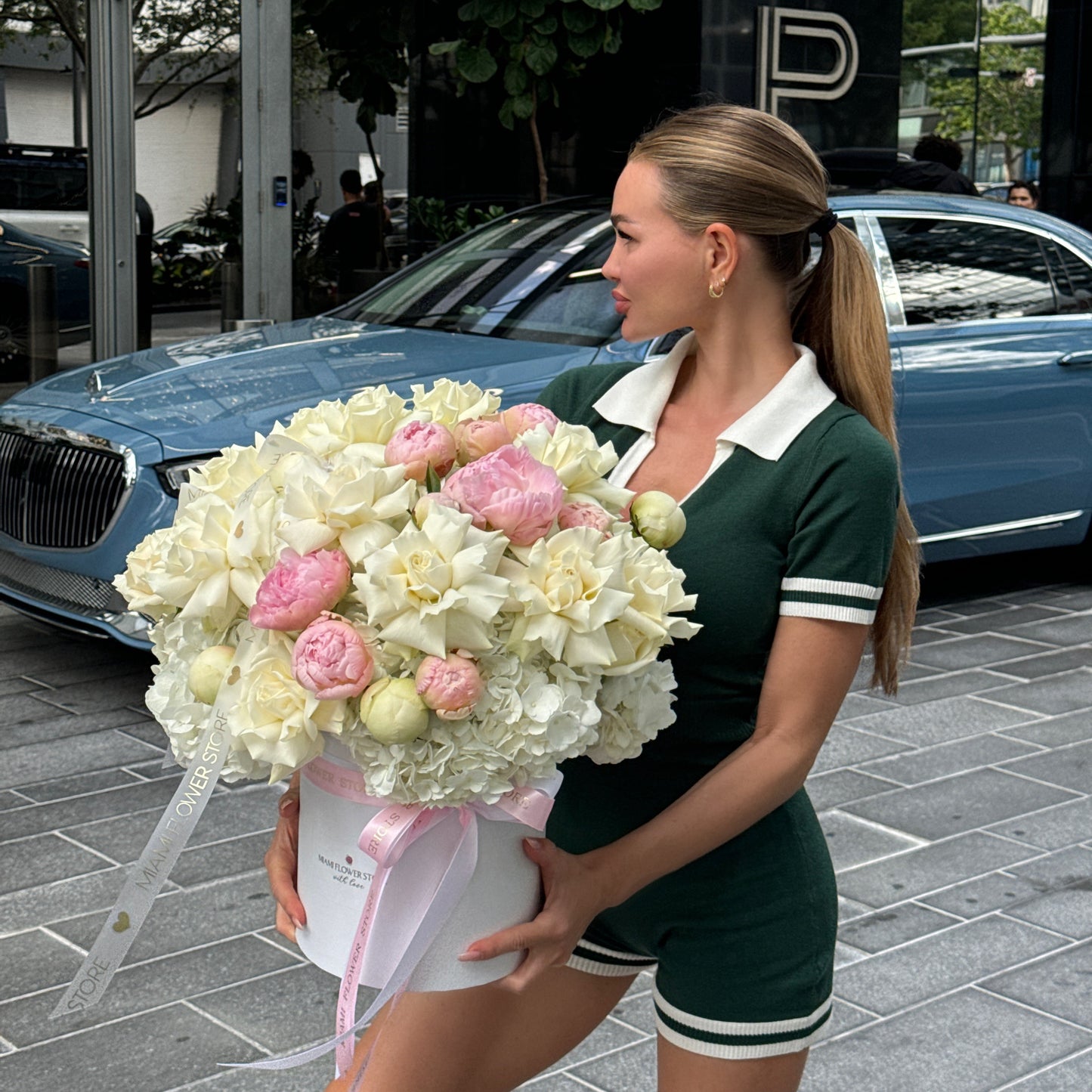 Peony Flower Bouquet With Hydrangea & White Roses In A Box - Miami Flower Store Same-Day Delivery Fort Lauderdale Brickell Aventura Las Olas Hallendale Beach Hollywood Sunny Isles