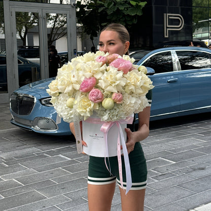 Peony Flower Bouquet With Hydrangea & White Roses In A Box - Miami Flower Store Same-Day Delivery Fort Lauderdale Brickell Aventura Las Olas Hallendale Beach Hollywood Sunny Isles