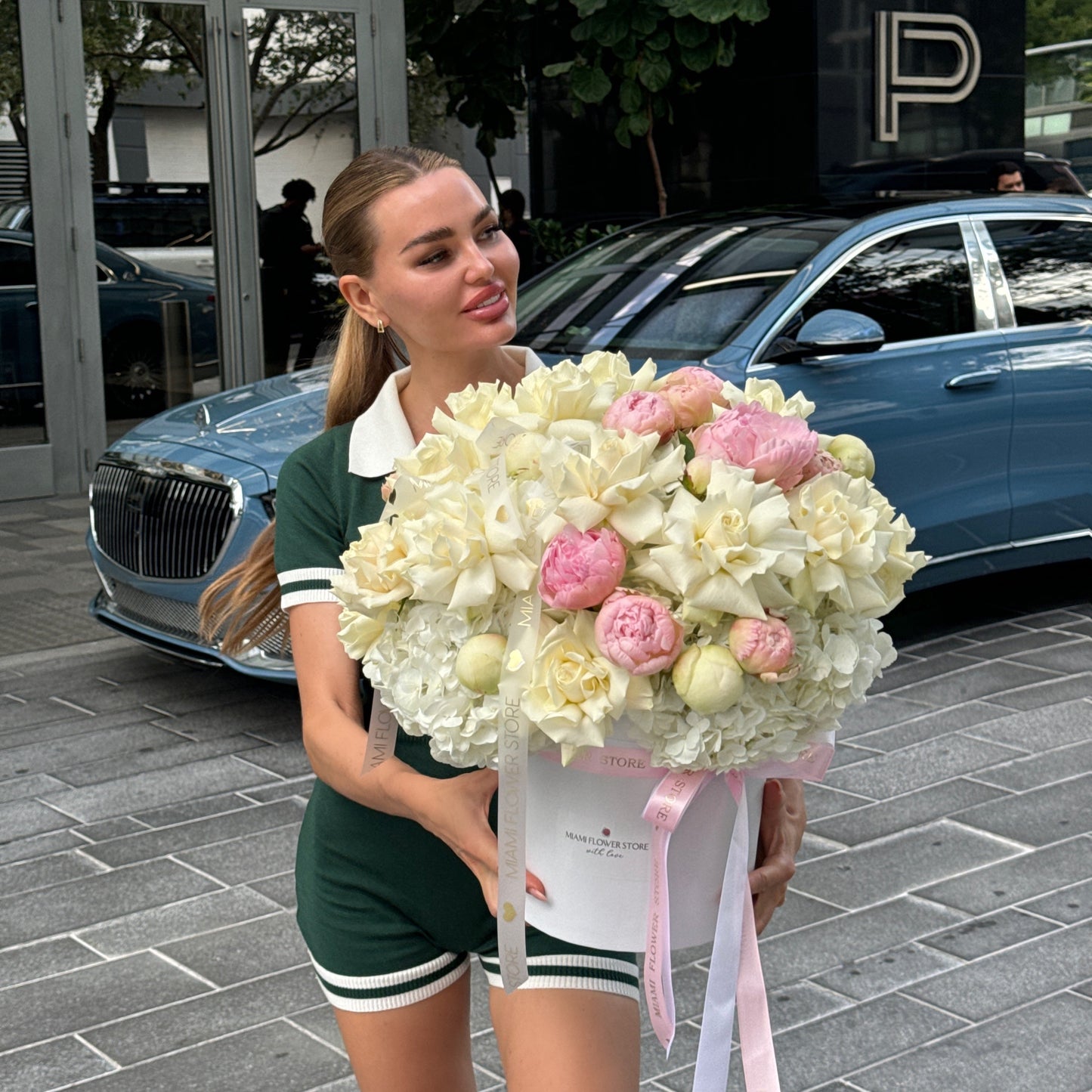 Peony Flower Bouquet With Hydrangea & White Roses In A Box - Miami Flower Store Same-Day Delivery Fort Lauderdale Brickell Aventura Las Olas Hallendale Beach Hollywood Sunny Isles