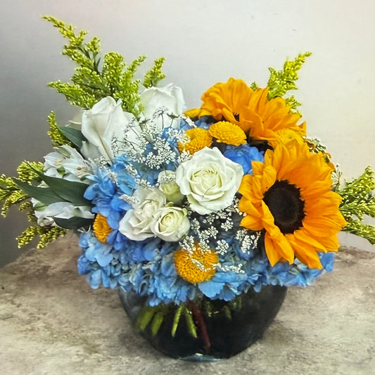 Sunflowers, Blue Hydrangea, White Spray Roses & Solidago Arrangement In A Vase - Miami Flower Store Same-Day Delivery Fort Lauderdale Brickell Aventura Las Olas Hallendale Beach Hollywood Sunny Isles
