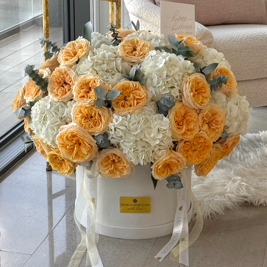 Yellow Rose & White Hydrangea Bouquet In A Box - Miami Flower Store Same-Day Delivery Fort Lauderdale Brickell Aventura Las Olas Hallendale Beach Hollywood Sunny Isles