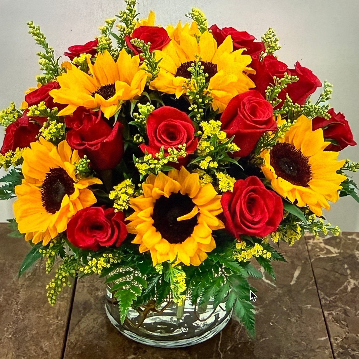 Sunflowers & Red Rose Arrangement In A Vase