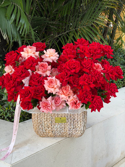 Luxury Red Roses Basket/ Premium Rose Garden Basket - Miami Flower Store Same-Day Delivery Fort Lauderdale Brickell Aventura Las Olas Hallendale Beach Hollywood Sunny Isles