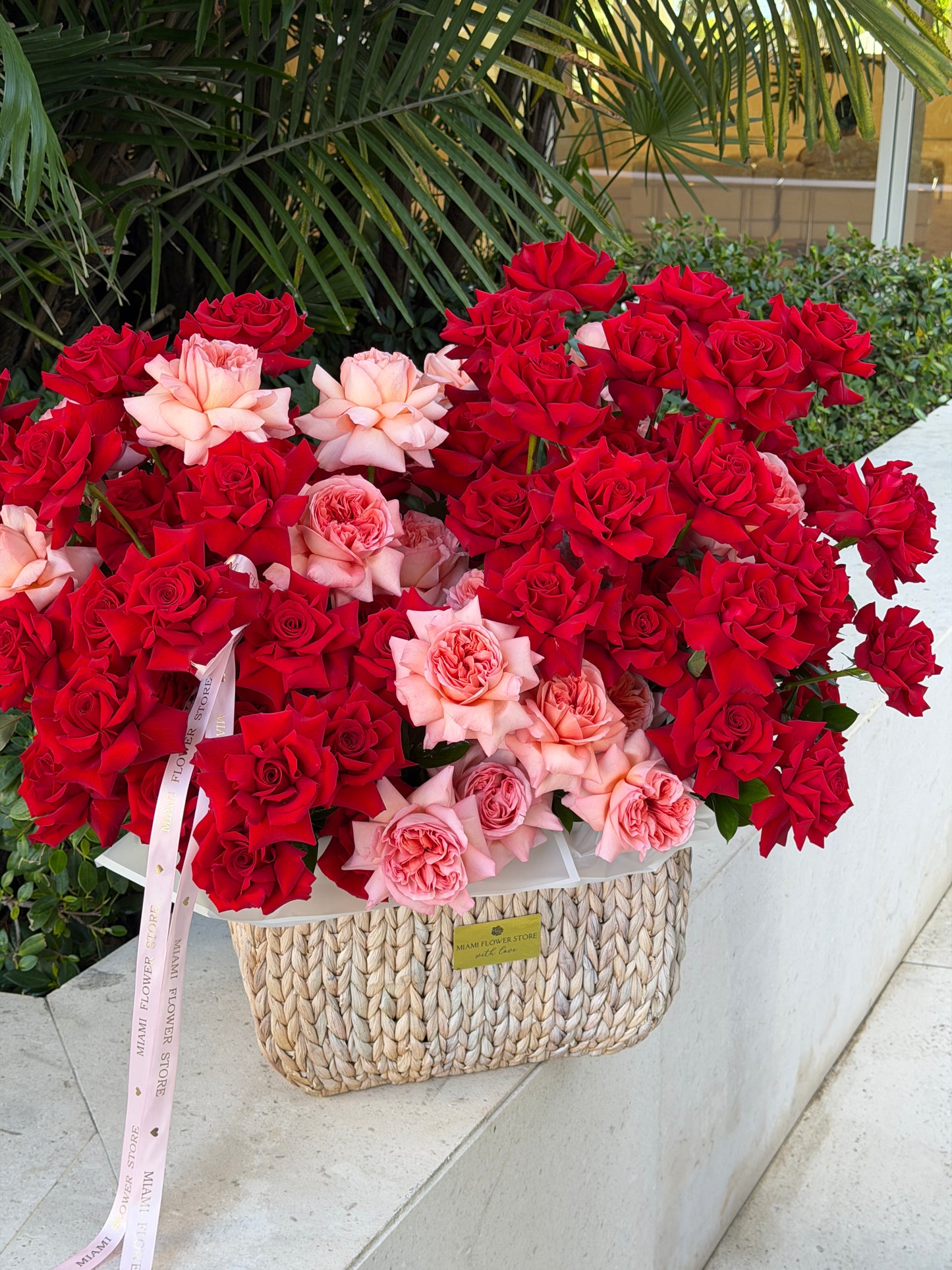 Luxury Red Roses Basket/ Premium Rose Garden Basket - Miami Flower Store Same-Day Delivery Fort Lauderdale Brickell Aventura Las Olas Hallendale Beach Hollywood Sunny Isles