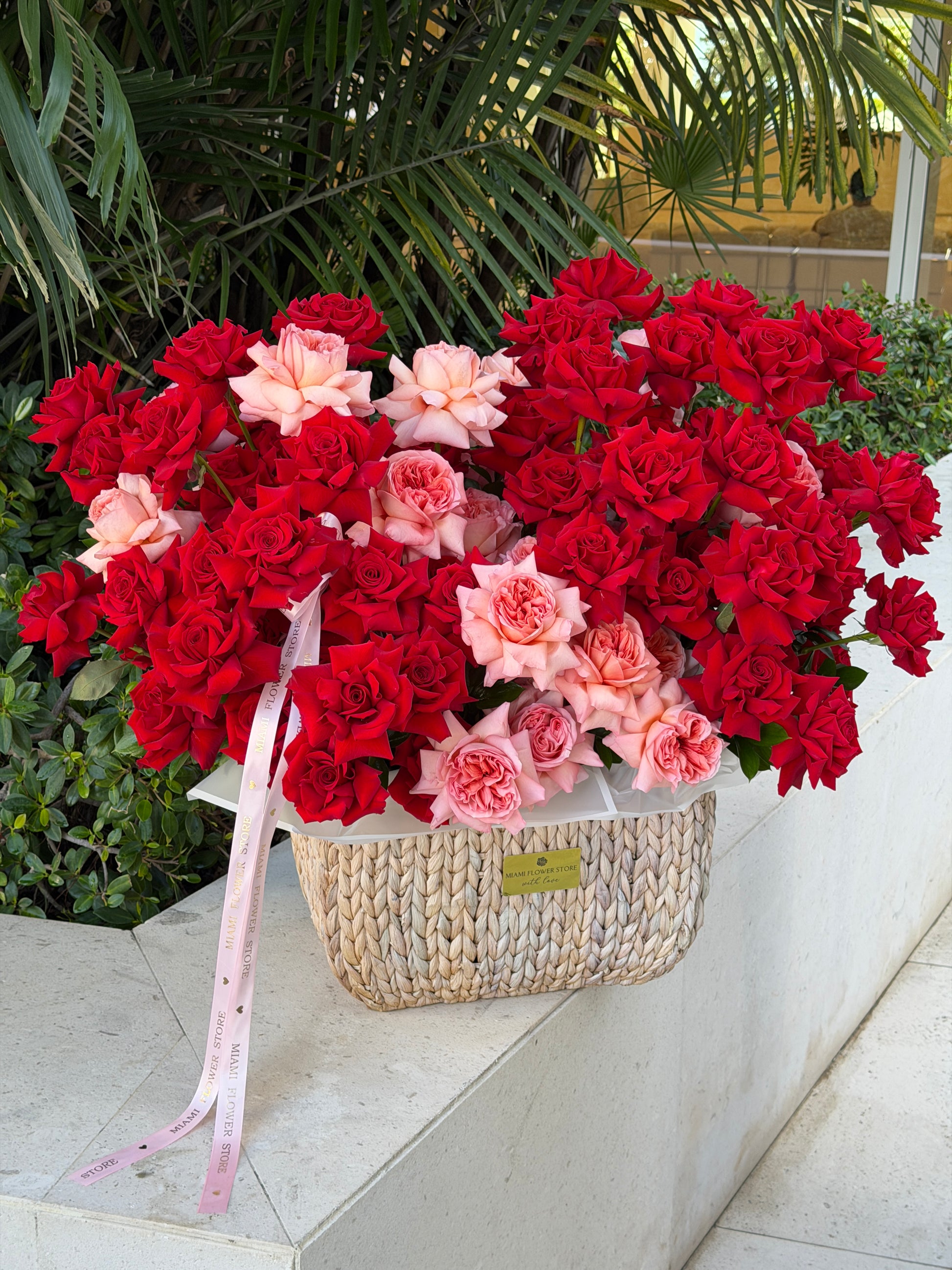Luxury Red Roses Basket/ Premium Rose Garden Basket - Miami Flower Store Same-Day Delivery Fort Lauderdale Brickell Aventura Las Olas Hallendale Beach Hollywood Sunny Isles