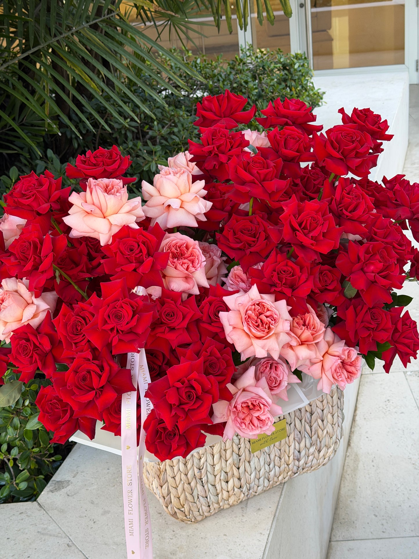 Luxury Red Roses Basket/ Premium Rose Garden Basket - Miami Flower Store Same-Day Delivery Fort Lauderdale Brickell Aventura Las Olas Hallendale Beach Hollywood Sunny Isles