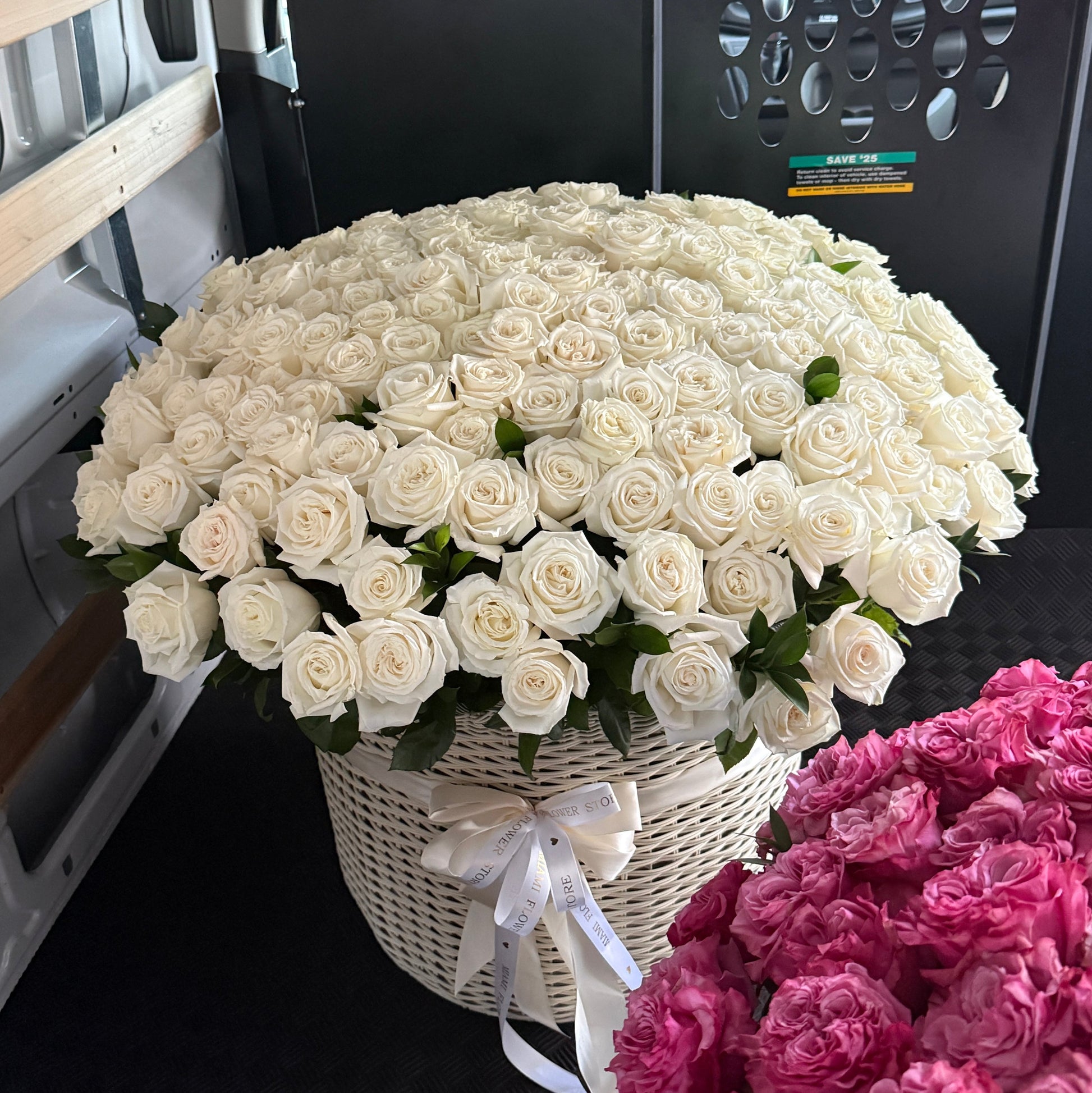 200 White Roses Flower Basket - Miami Flower Store Same-Day Delivery Fort Lauderdale Brickell Aventura Las Olas Hallendale Beach Hollywood Sunny Isles