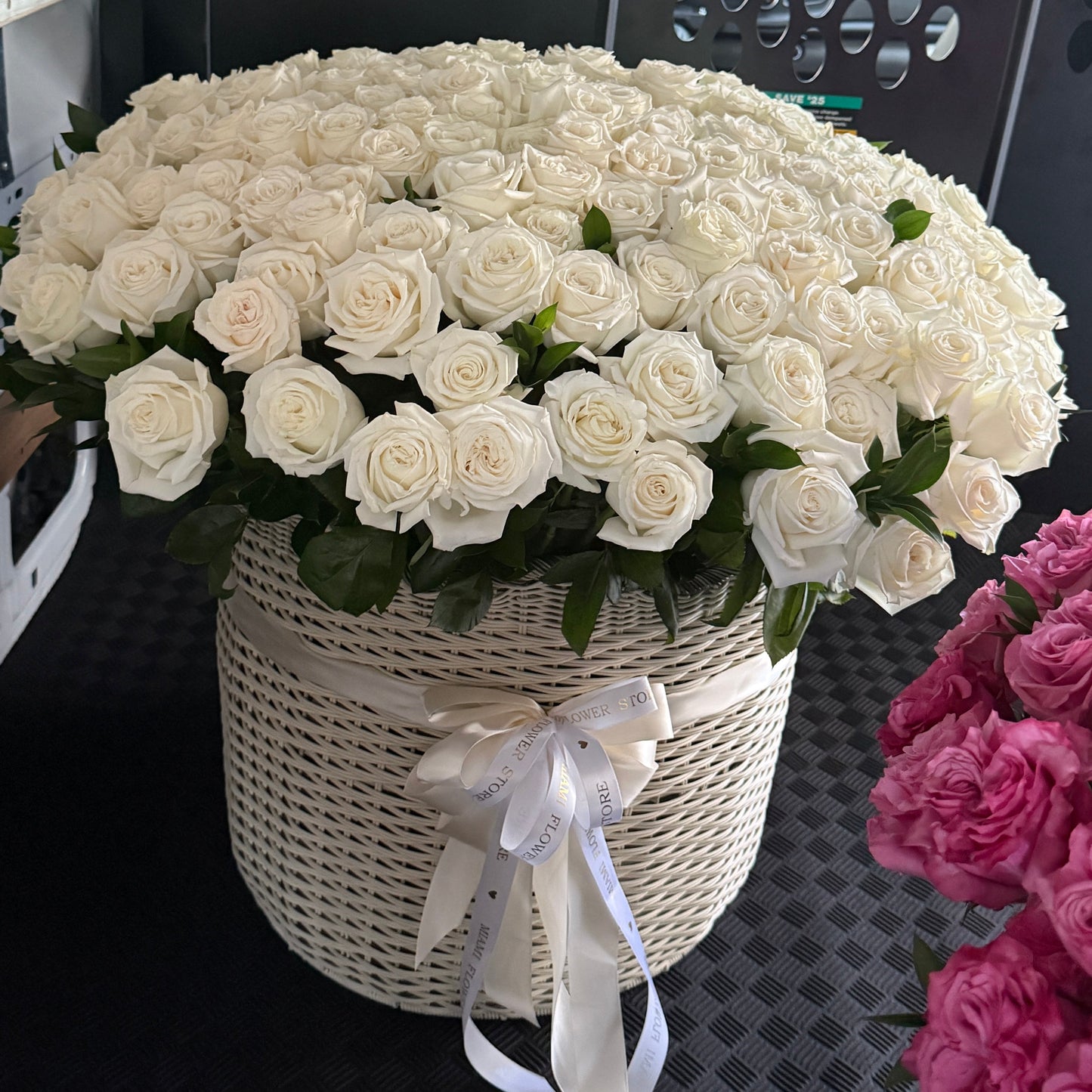 200 White Roses Flower Basket - Miami Flower Store Same-Day Delivery Fort Lauderdale Brickell Aventura Las Olas Hallendale Beach Hollywood Sunny Isles
