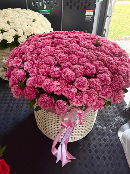 Pink Roses Flower Basket - Miami Flower Store Same-Day Delivery Fort Lauderdale Brickell Aventura Las Olas Hallendale Beach Hollywood Sunny Isles