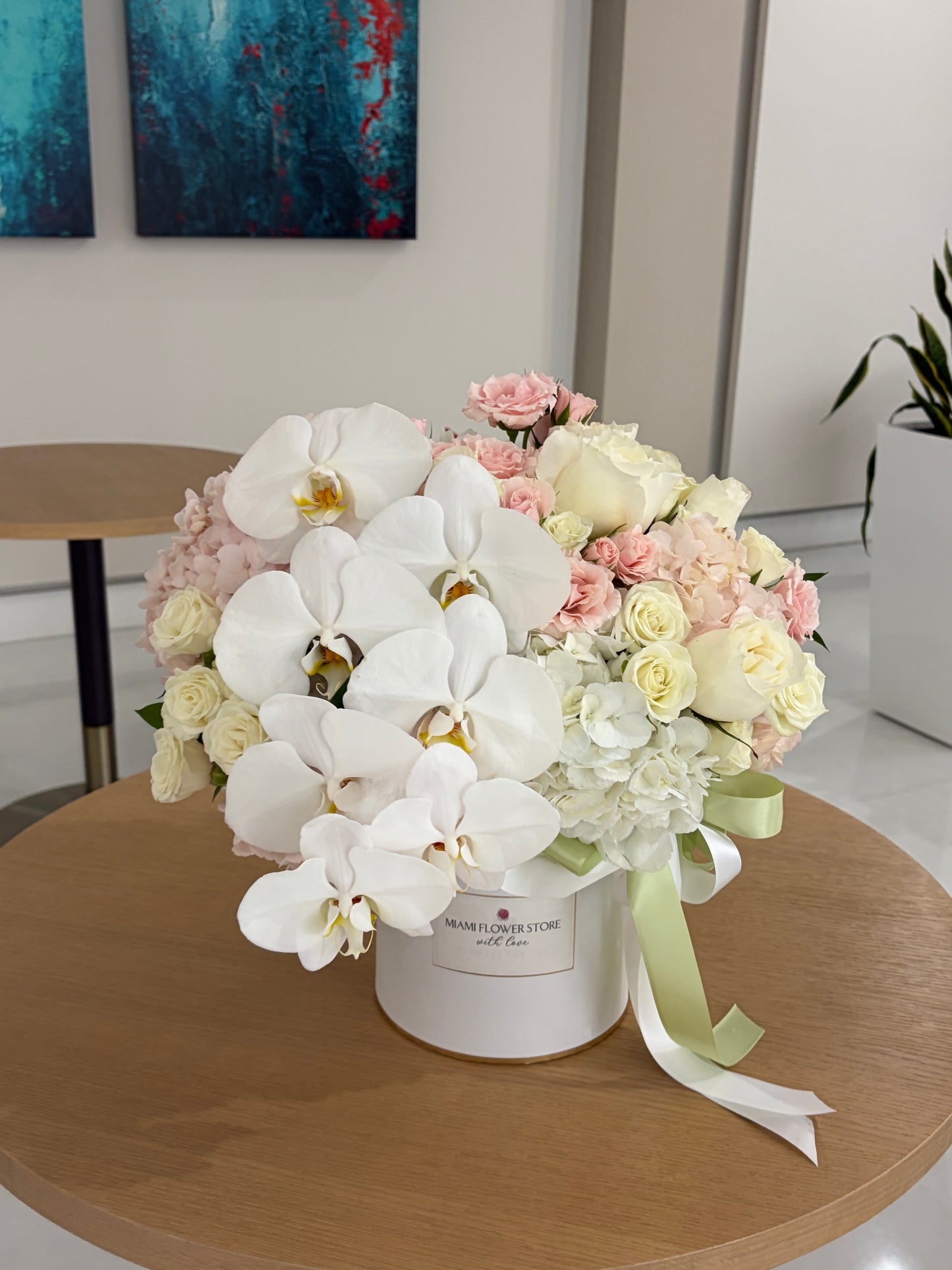White Orchid, Hydrangea & Rose Flower Bouquet In Box - Miami Flower Store Same-Day Delivery Fort Lauderdale Brickell Aventura Las Olas Hallendale Beach Hollywood Sunny Isles