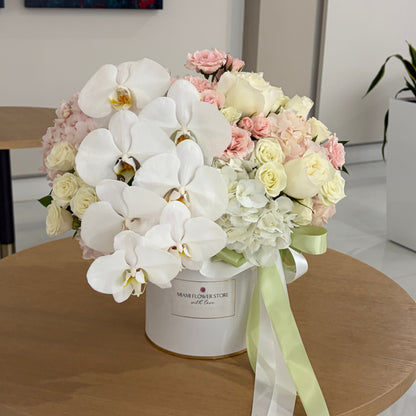 White Orchid, Hydrangea & Rose Flower Bouquet In Box - Miami Flower Store Same-Day Delivery Fort Lauderdale Brickell Aventura Las Olas Hallendale Beach Hollywood Sunny Isles