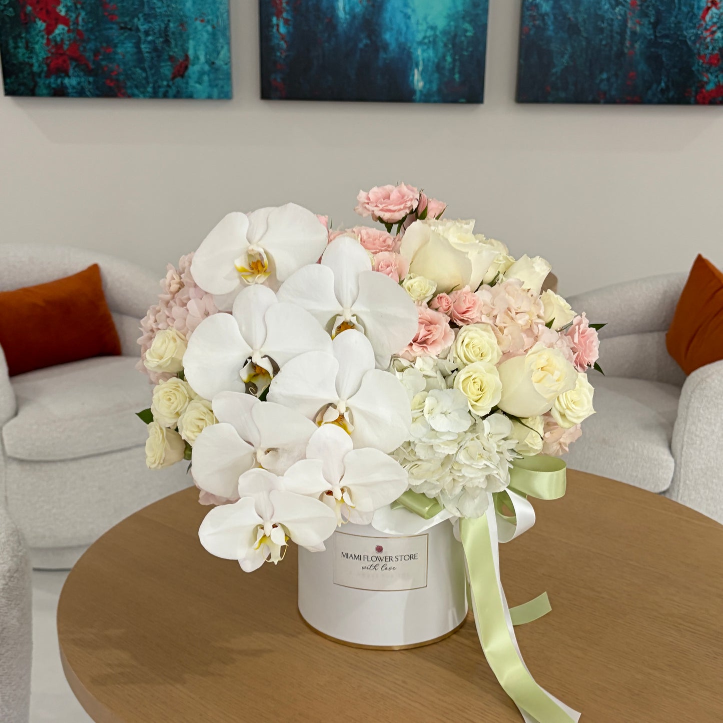 White Orchid, Hydrangea & Rose Flower Bouquet In Box - Miami Flower Store Same-Day Delivery Fort Lauderdale Brickell Aventura Las Olas Hallendale Beach Hollywood Sunny Isles