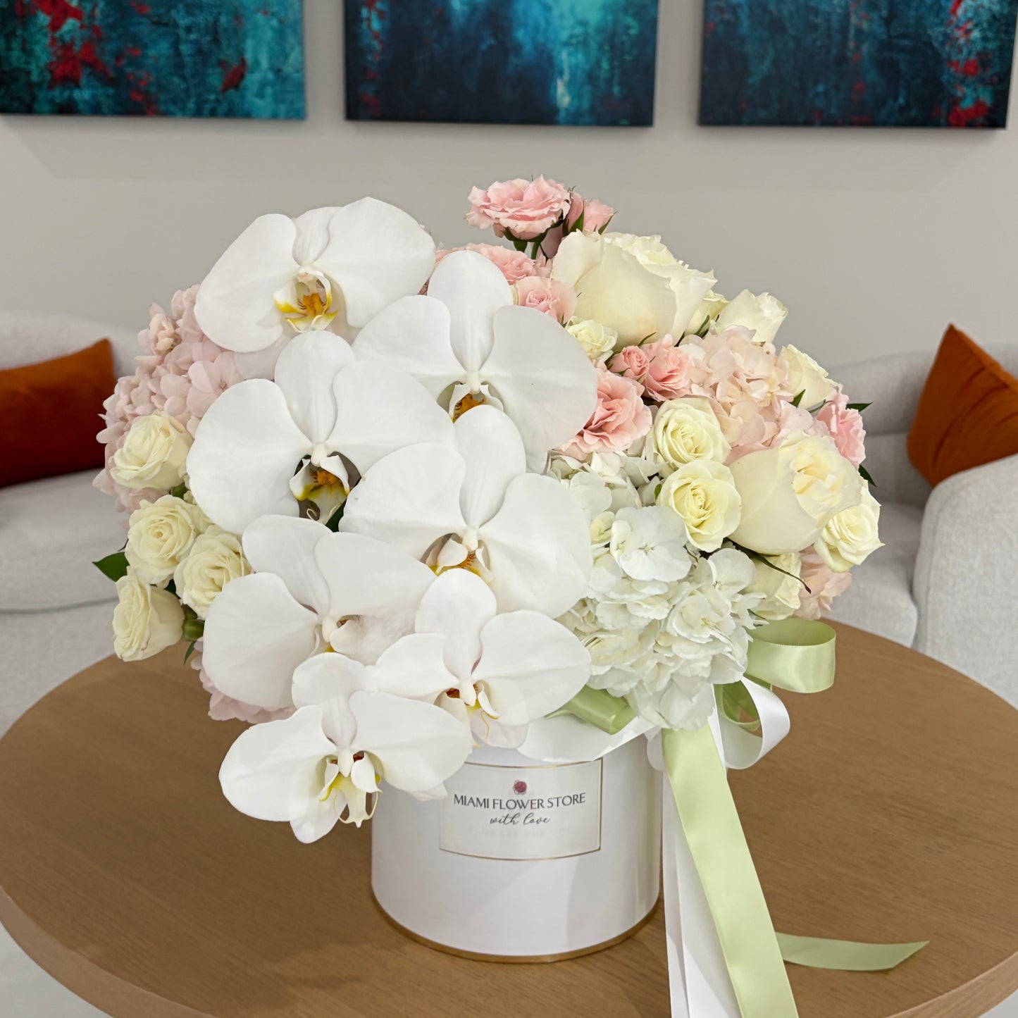 White Orchid, Hydrangea & Rose Flower Bouquet In Box - Miami Flower Store Same-Day Delivery Fort Lauderdale Brickell Aventura Las Olas Hallendale Beach Hollywood Sunny Isles