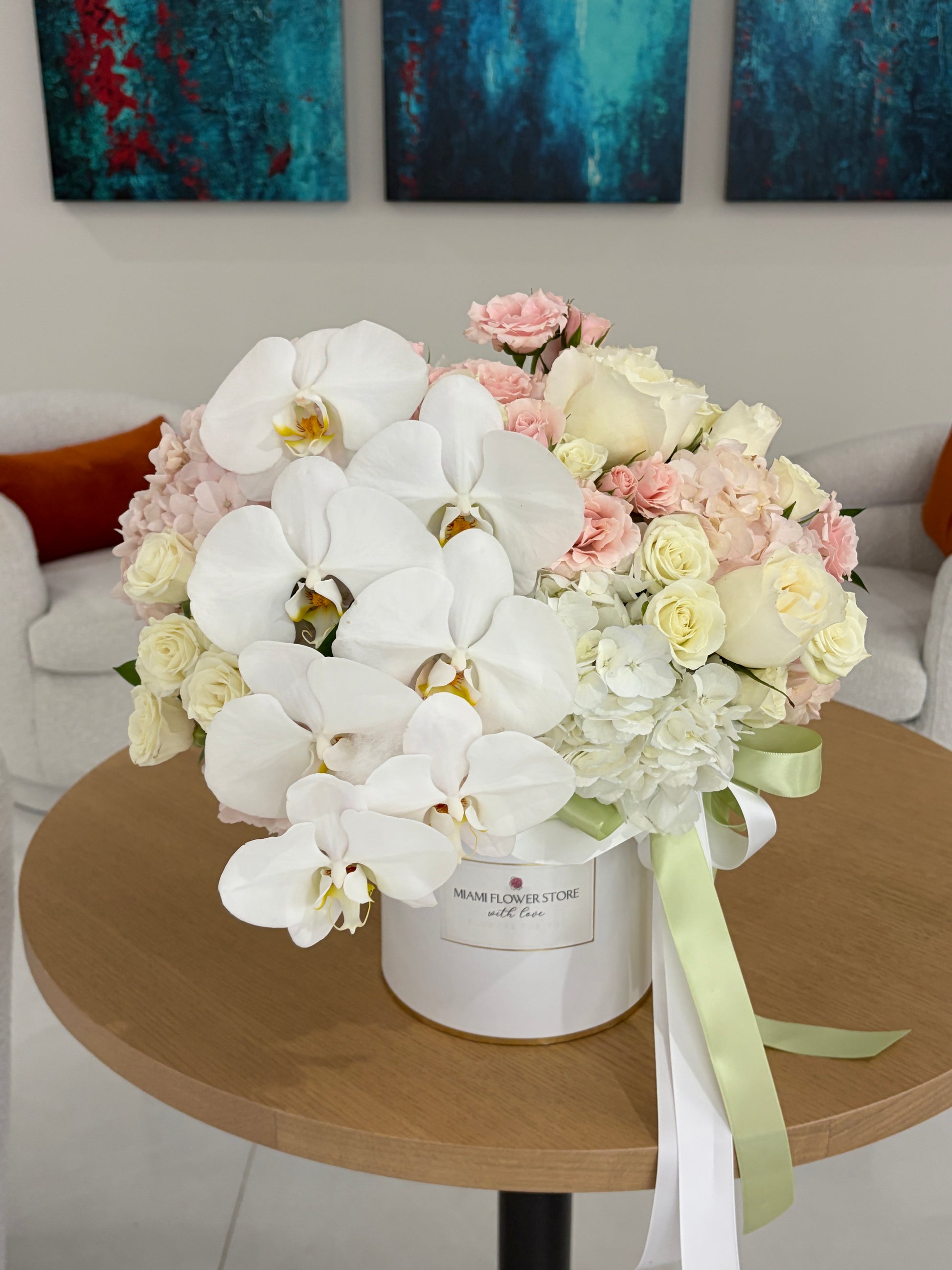 White Orchid, Hydrangea & Rose Flower Bouquet In Box - Miami Flower Store Same-Day Delivery Fort Lauderdale Brickell Aventura Las Olas Hallendale Beach Hollywood Sunny Isles