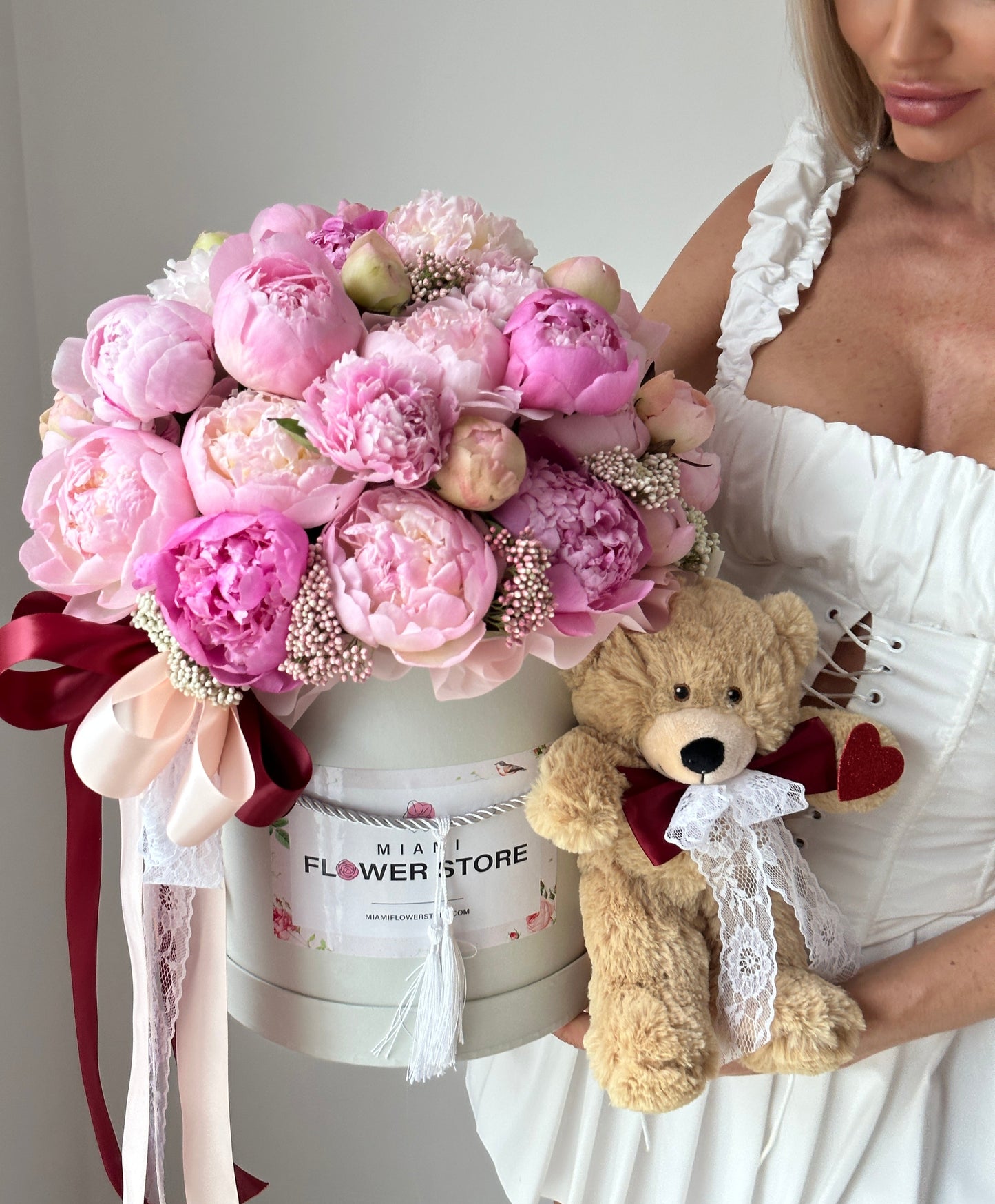 Peony Flower Bouquet In A Box With Cute Teddy Bear - Miami Flower Store Same-Day Delivery Fort Lauderdale Brickell Aventura Las Olas Hallendale Beach Hollywood Sunny Isles