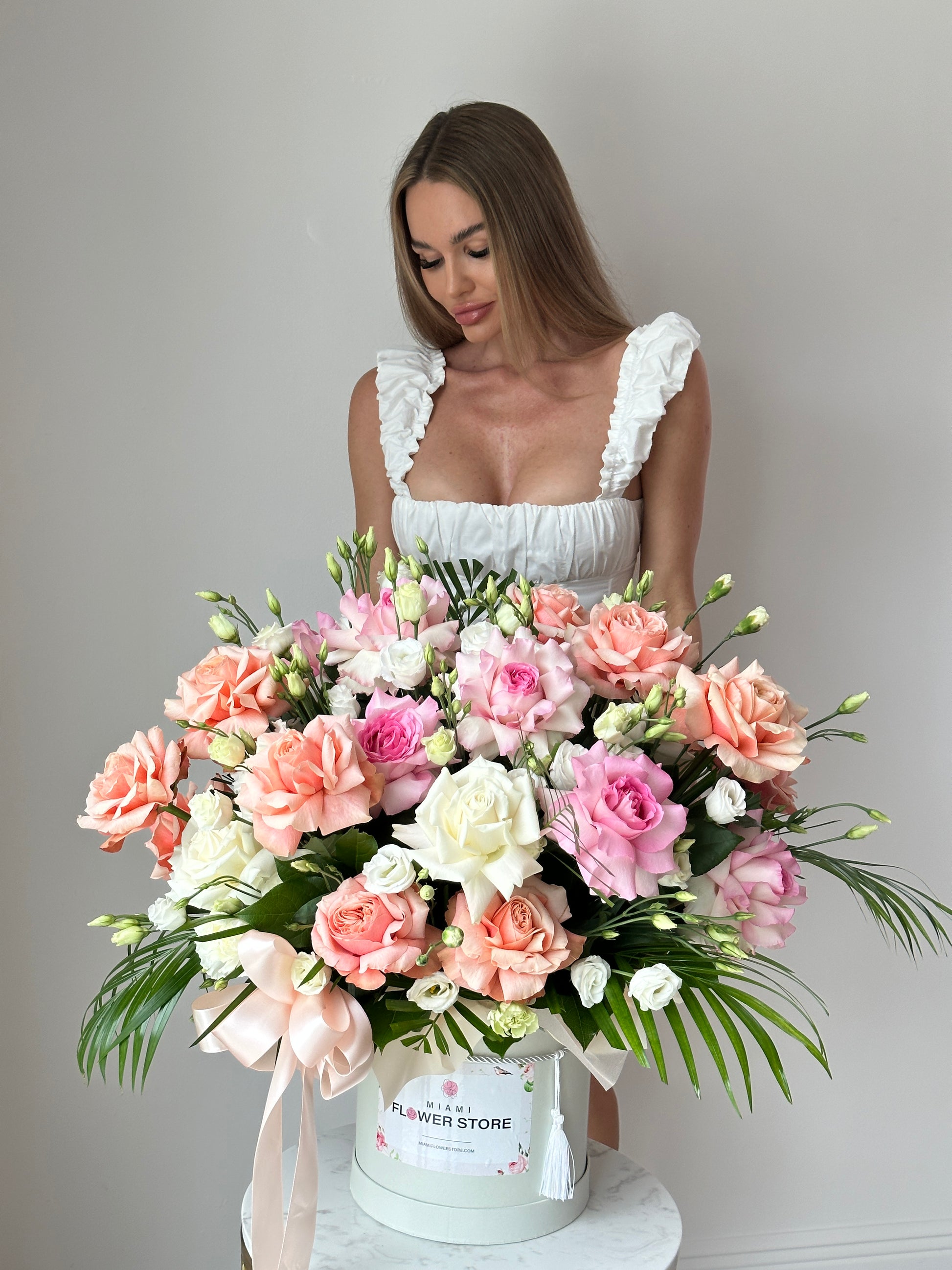 Orange, Pink, & White Rose Flower Mixed Bouquet In A Box - Miami Flower Store Delivery Fort Lauderdale