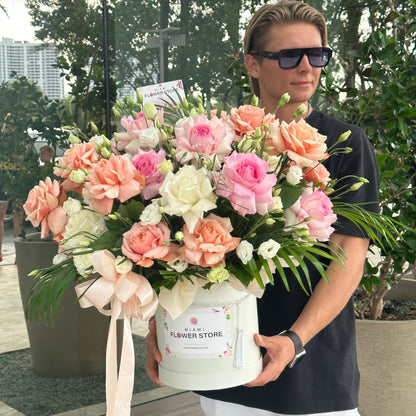 Orange, Pink, & White Rose Flower Mixed Bouquet In A Box - Miami Flower Store Delivery Fort Lauderdale