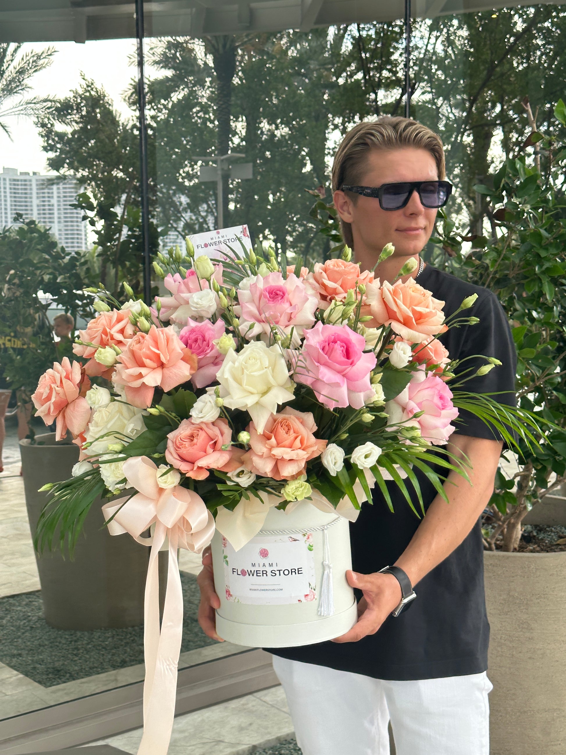 Orange, Pink, & White Rose Flower Mixed Bouquet In A Box - Miami Flower Store Delivery Fort Lauderdale