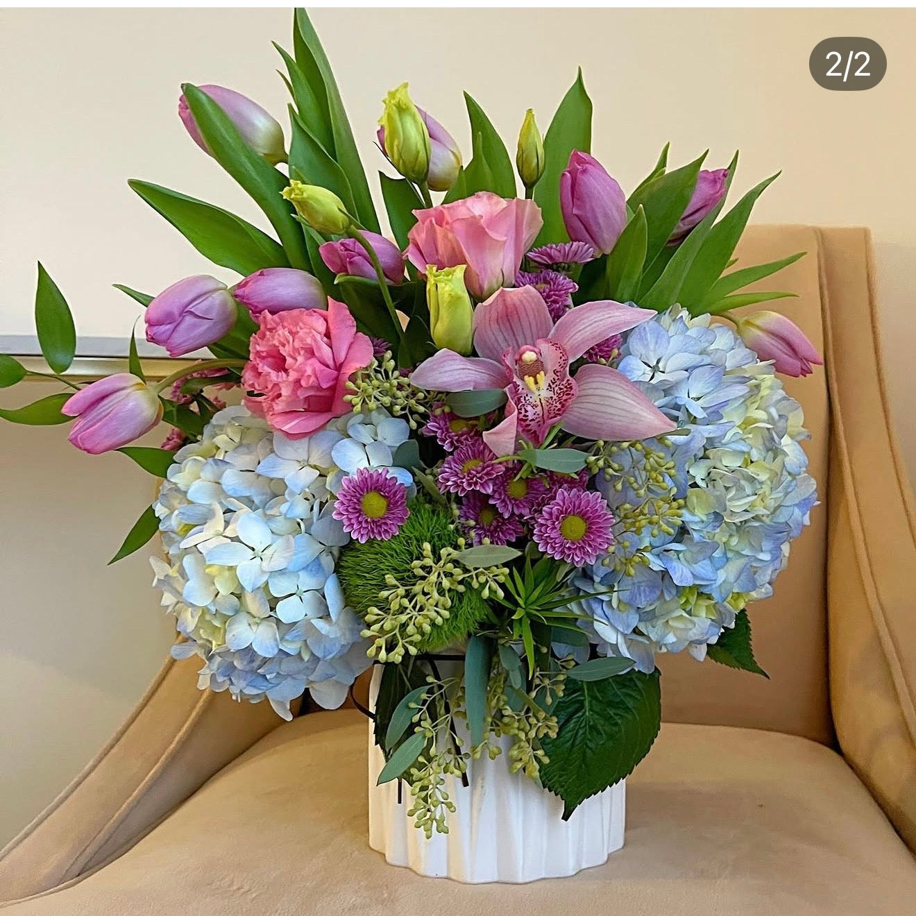 Blue Hydrangea And Tulips Flower Bouquet| MiamiFlowerStore