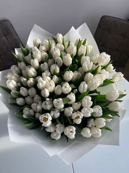 50 White Tulip Hand Flower Bouquet - Miami Flower Store Same-Day Delivery Fort Lauderdale Brickell Aventura Las Olas Hallendale Beach Hollywood Sunny Isles