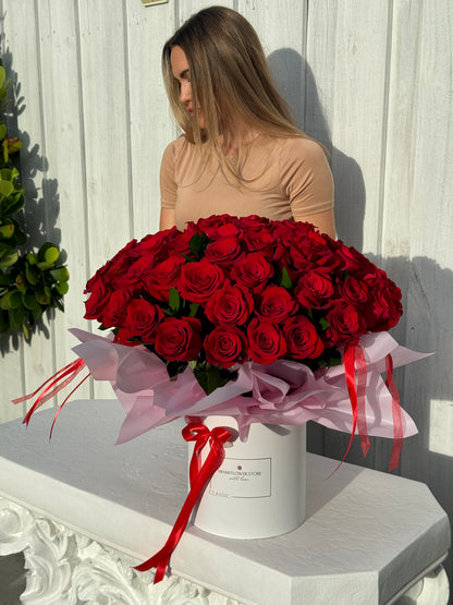 50 Red Rose Flower Bouquet In A Box | Long Stem Red Roses - Miami Flower Store Delivery Fort Lauderdale