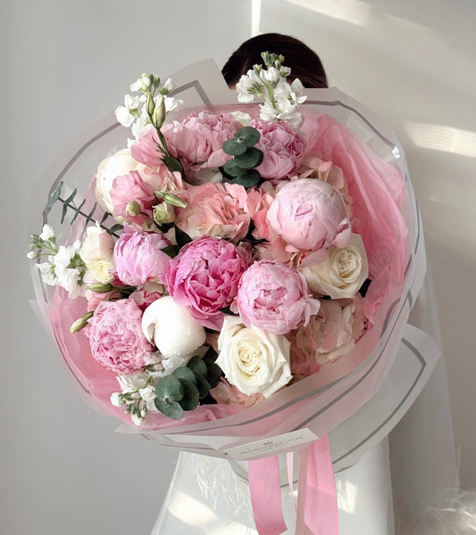 Pink And White Peony Flower Bouquet With Hydrangea And White Spray Roses - Miami Flower Store Same-Day Delivery Fort Lauderdale Brickell Aventura Las Olas Hallendale Beach Hollywood Sunny Isles