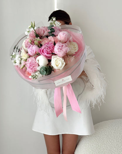 Pink And White Peony Flower Bouquet With Hydrangea And White Spray Roses - Miami Flower Store Same-Day Delivery Fort Lauderdale Brickell Aventura Las Olas Hallendale Beach Hollywood Sunny Isles