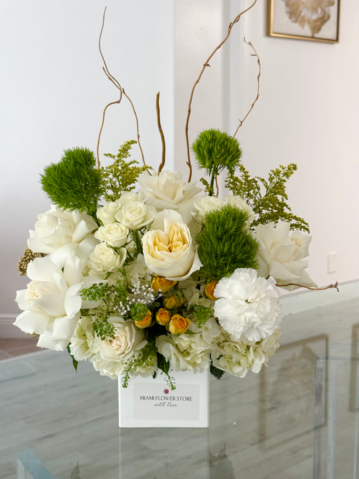 Green & White Table Centerpiece With Hydrangea, Roses, Green Trick, Carnations| Miami