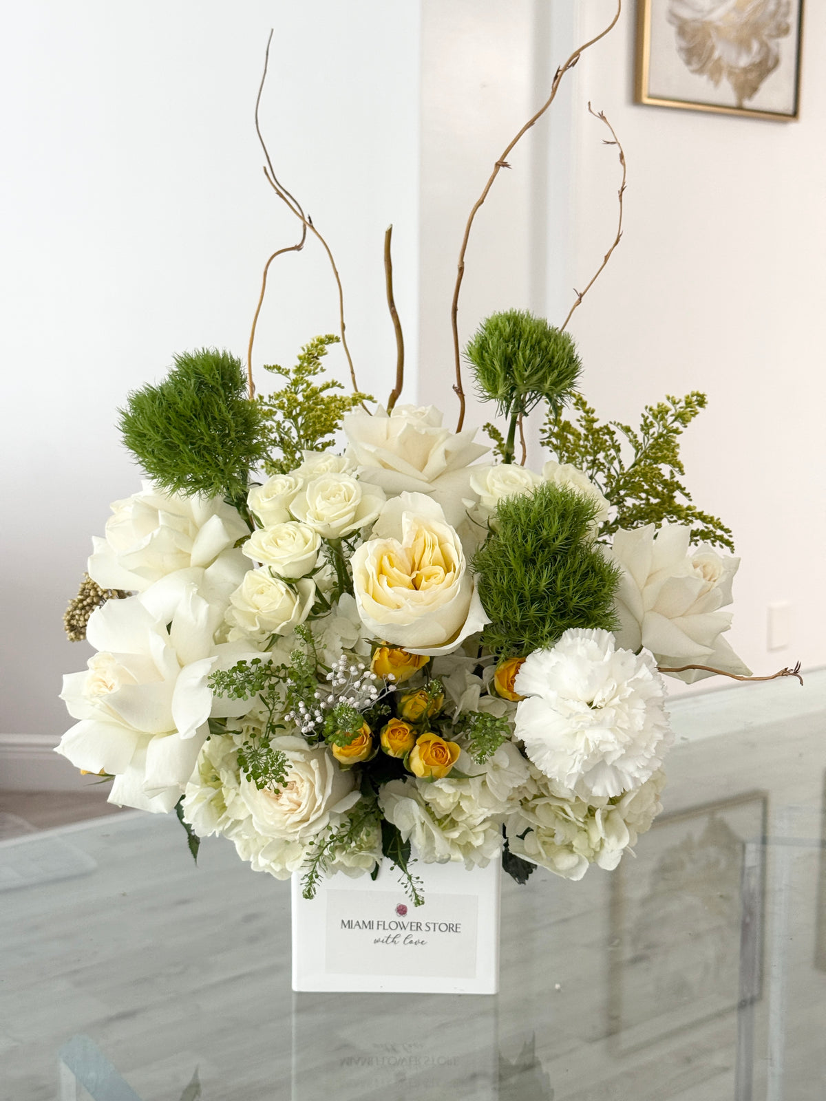Green & White Table Centerpiece With Hydrangea, Roses, Green Trick, Carnations| Miami