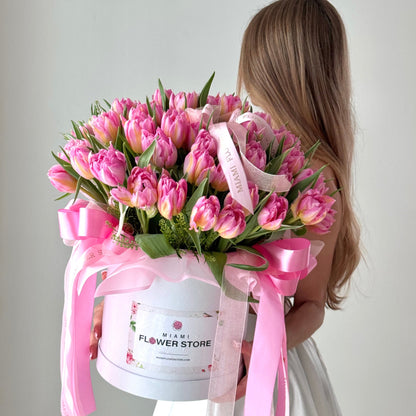 75 Tulips Flower Bouquet In A Box - Miami Flower Store Same-Day Delivery Fort Lauderdale Brickell Aventura Las Olas Hallendale Beach Hollywood Sunny Isles