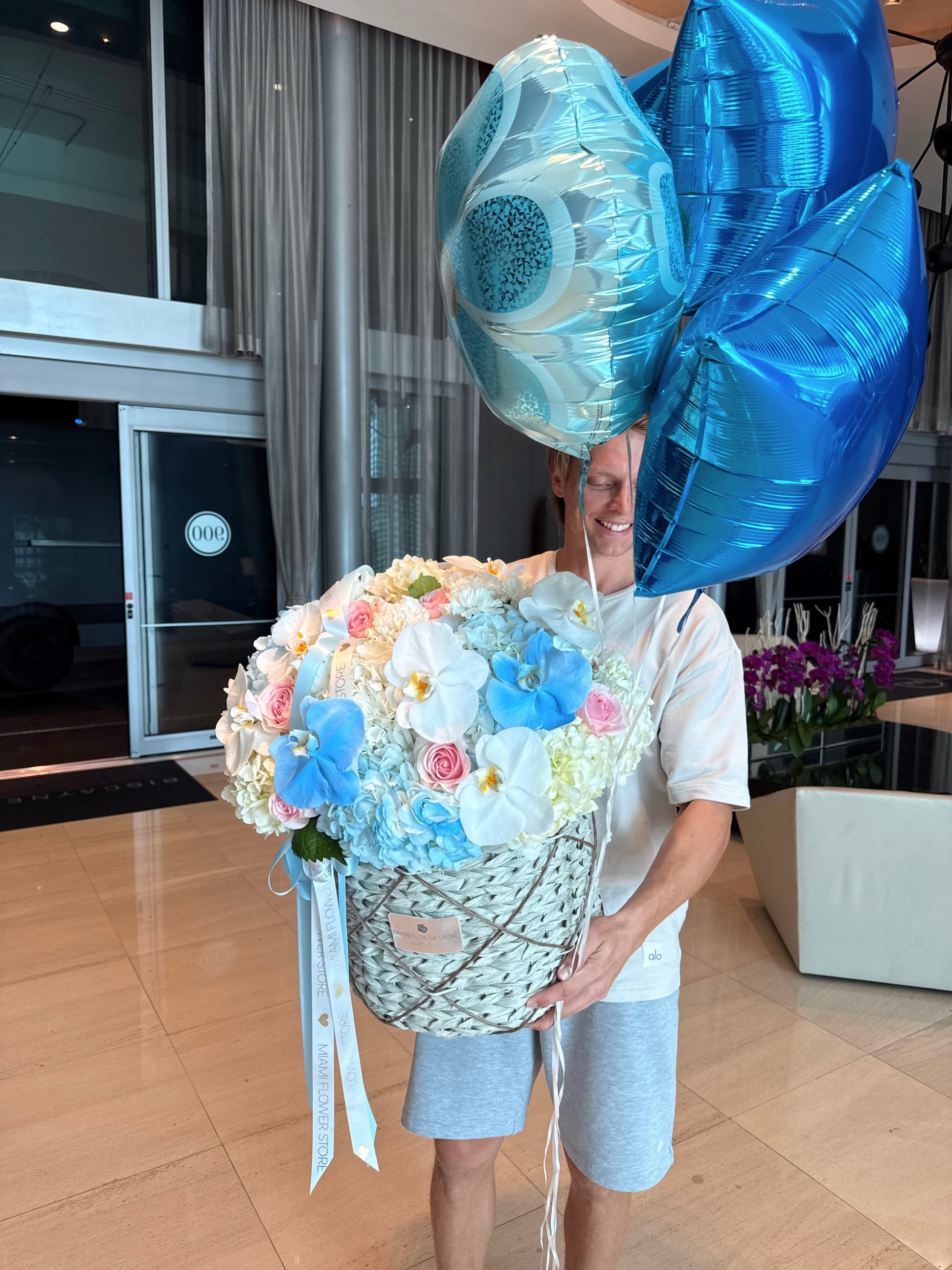 Blue Hydrangea Flower Basket / Blue And White Orchids - Miami Flower Store Same-Day Delivery Fort Lauderdale Brickell Aventura Las Olas Hallendale Beach Hollywood Sunny Isles