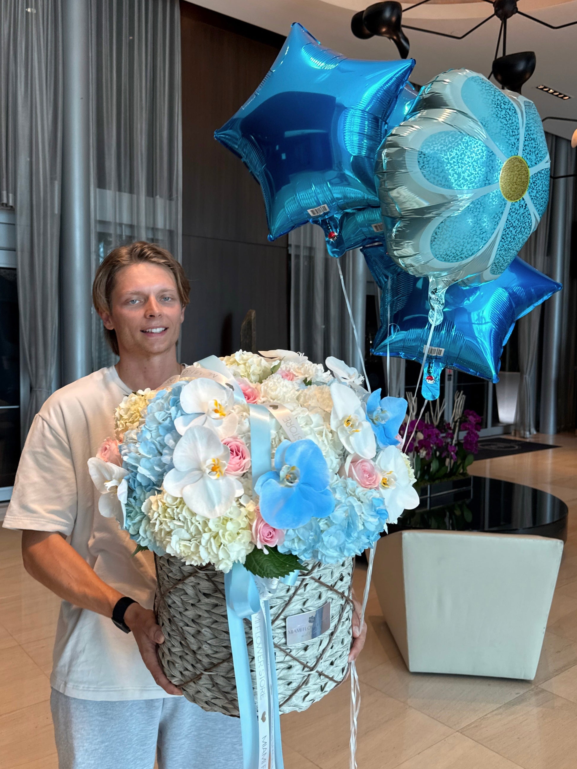 Blue Hydrangea Flower Basket / Blue And White Orchids - Miami Flower Store Same-Day Delivery Fort Lauderdale Brickell Aventura Las Olas Hallendale Beach Hollywood Sunny Isles
